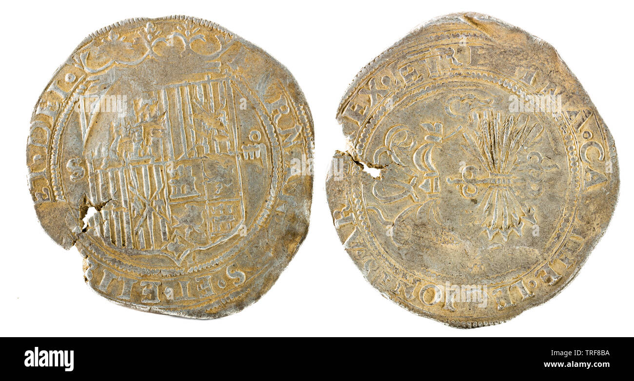 Antigua moneda de plata española de los reyes Fernando e Isabel. Reyes Católicos. Acuñado en Sevilla. 4 reales. Foto de stock