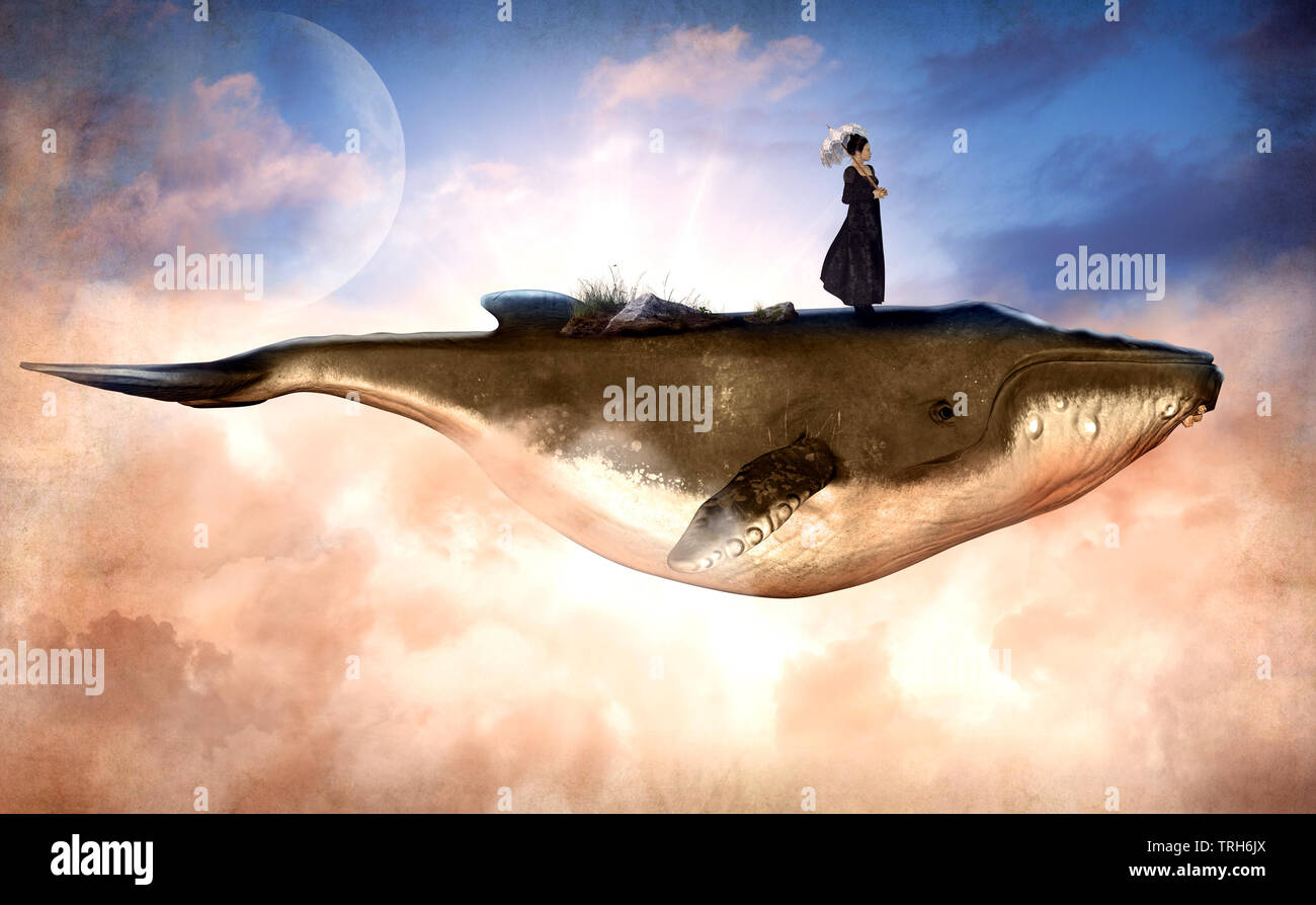 Escena surrealista de un vuelo de la ballena jorobada y una mujer de