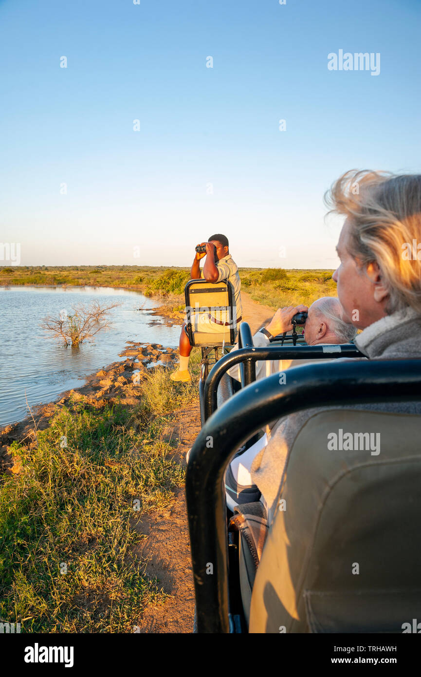 Los turistas de safari en el Phinda Private Game Reserve, una reserva natural propiedad andBeyond en la parte oriental de Sudáfrica. Foto de stock