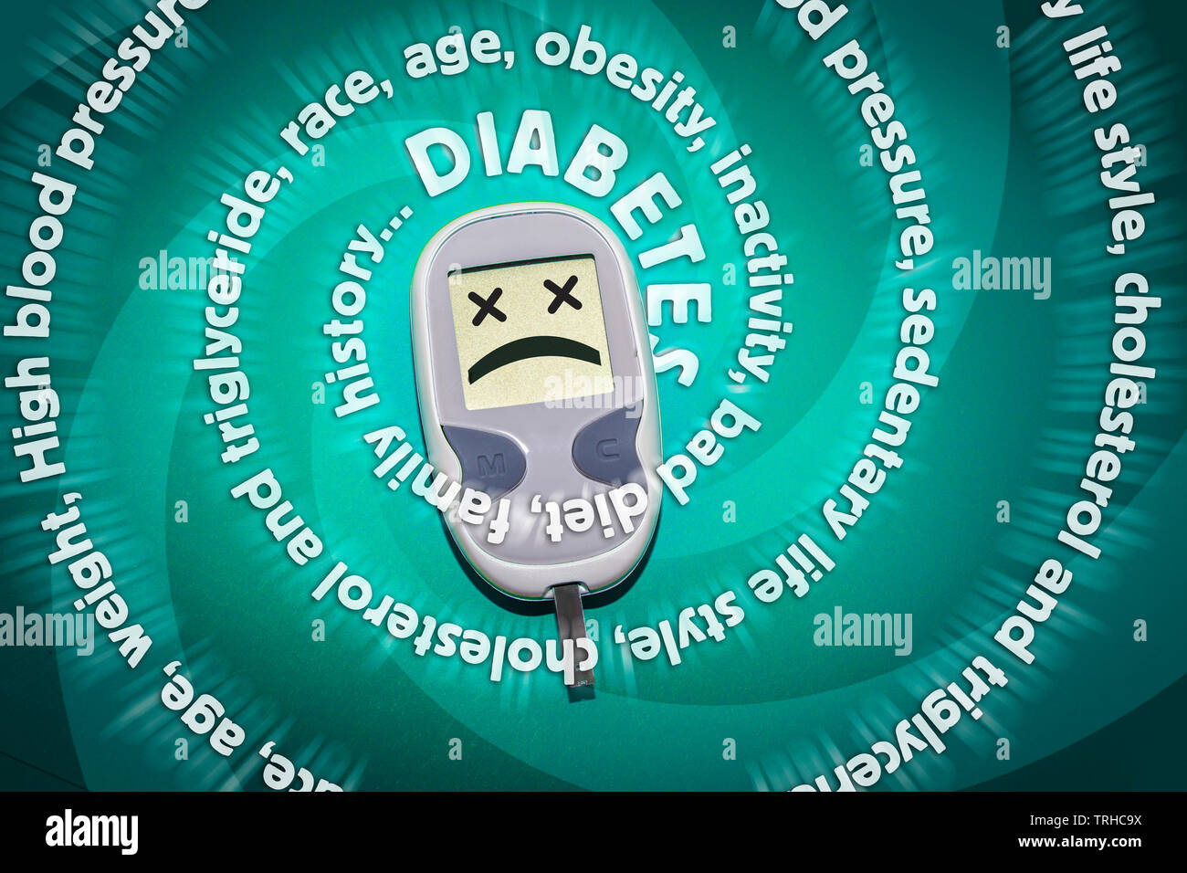 Los factores de riesgo de la diabetes apuntando a glucómetro ilustrando peligro para la salud. Concepto médico Foto de stock