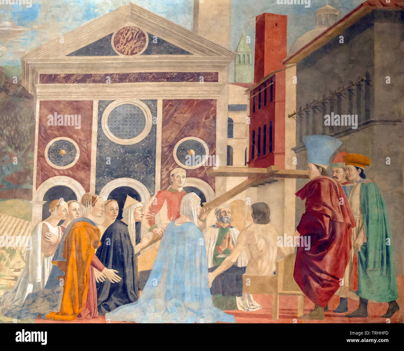 El reconocimiento de la Verdadera Cruz, La leyenda de la Vera Cruz, fresco, ciclo de Piero della Francesca, Bacci CAPILLA, CAPILLA Bacci, la Cappella Maggiore, 1452-14 Foto de stock
