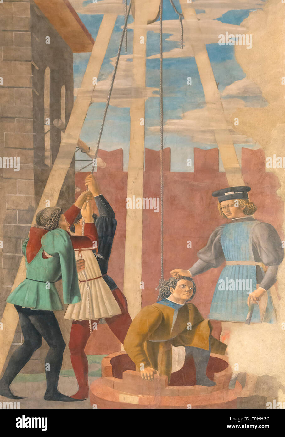 La tortura de los Judíos, la leyenda de la Vera Cruz, fresco, ciclo de Piero della Francesca, Bacci CAPILLA, CAPILLA Bacci, la Cappella Maggiore, 1452-1466, Basilic Foto de stock