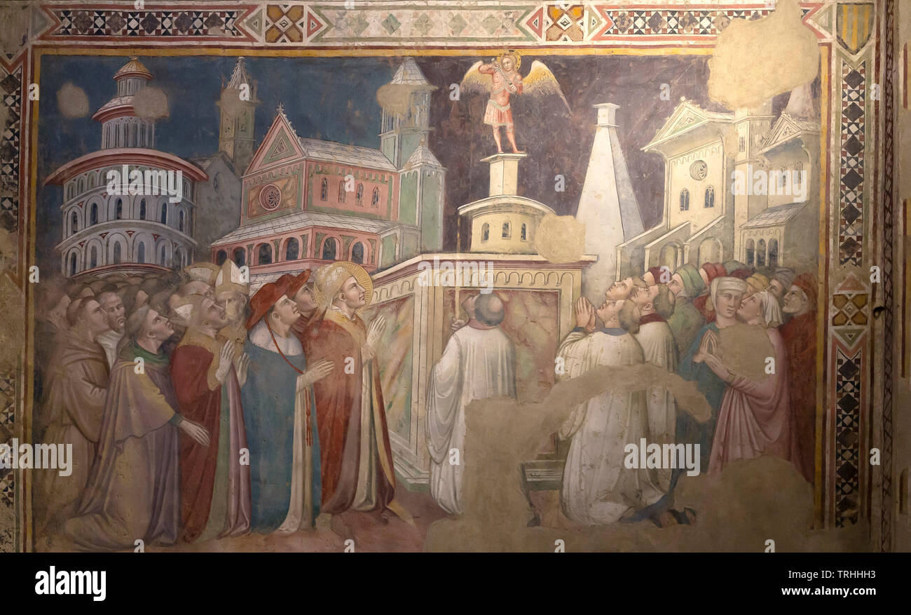 La aparición del Arcángel San Miguel a san Gregorio Magno, de Spinello Aretino, 1404, capilla Guasconi, Basílica de San Francisco, la Basílica di San Francesco, Arez Foto de stock