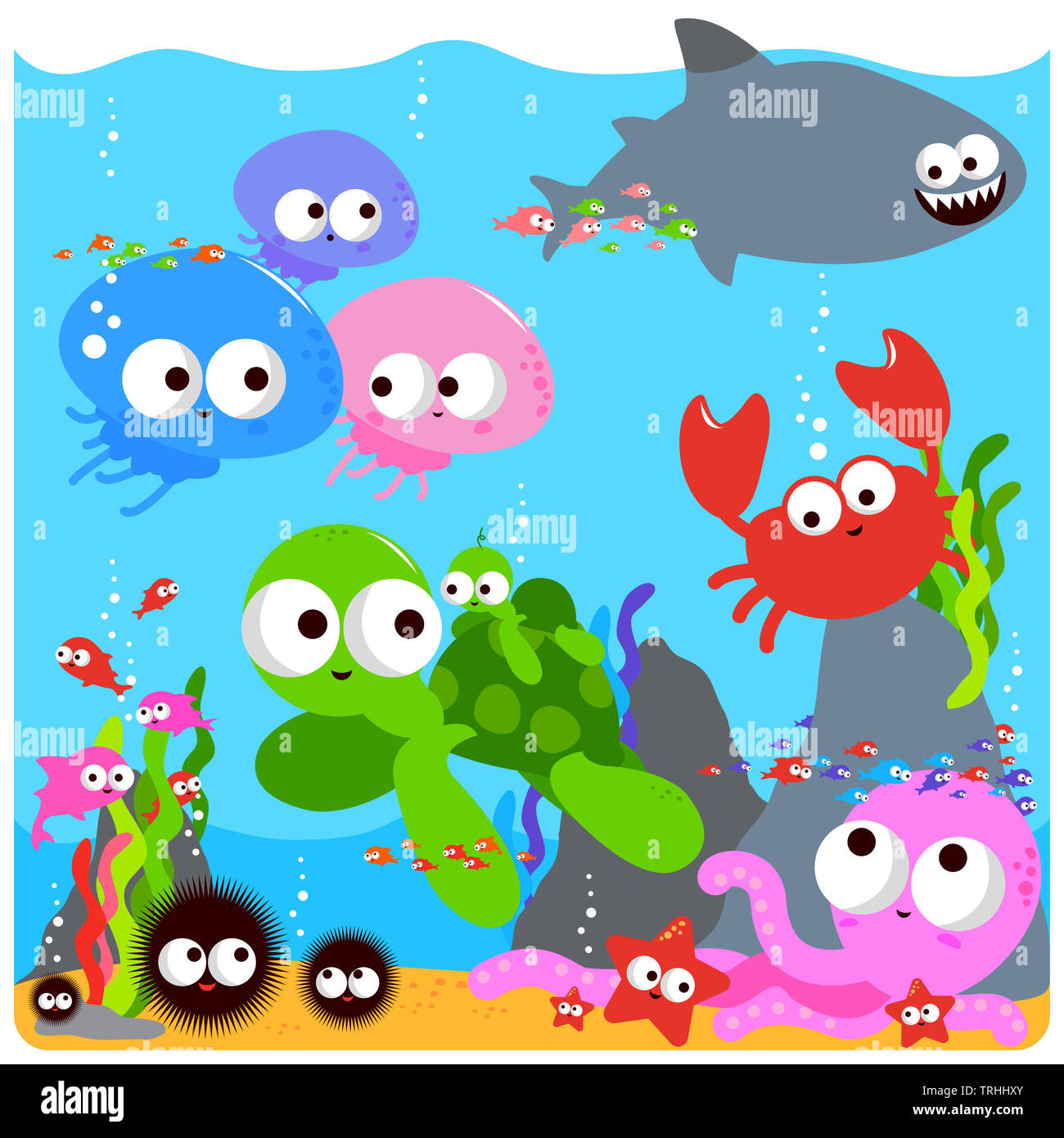 Ilustración de coloridos animales marinos natación subacuática. Foto de stock