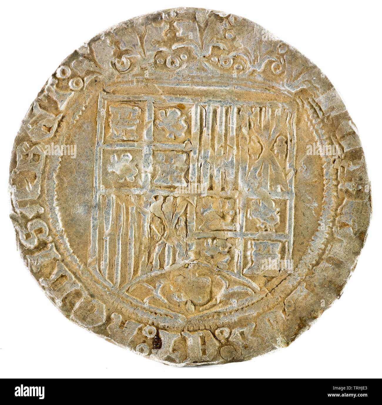 Antigua moneda de plata española de los reyes Fernando e Isabel. Reyes Católicos. Acuñado en Burgos. Real. Anverso. Foto de stock