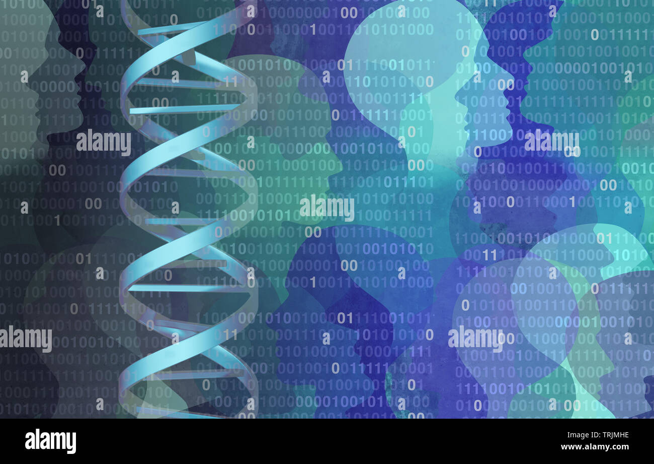 Código binario de ADN del genoma como un concepto de ciencias bioquímica y microbiología tecnología informática con ilustración 3D elementos. Foto de stock