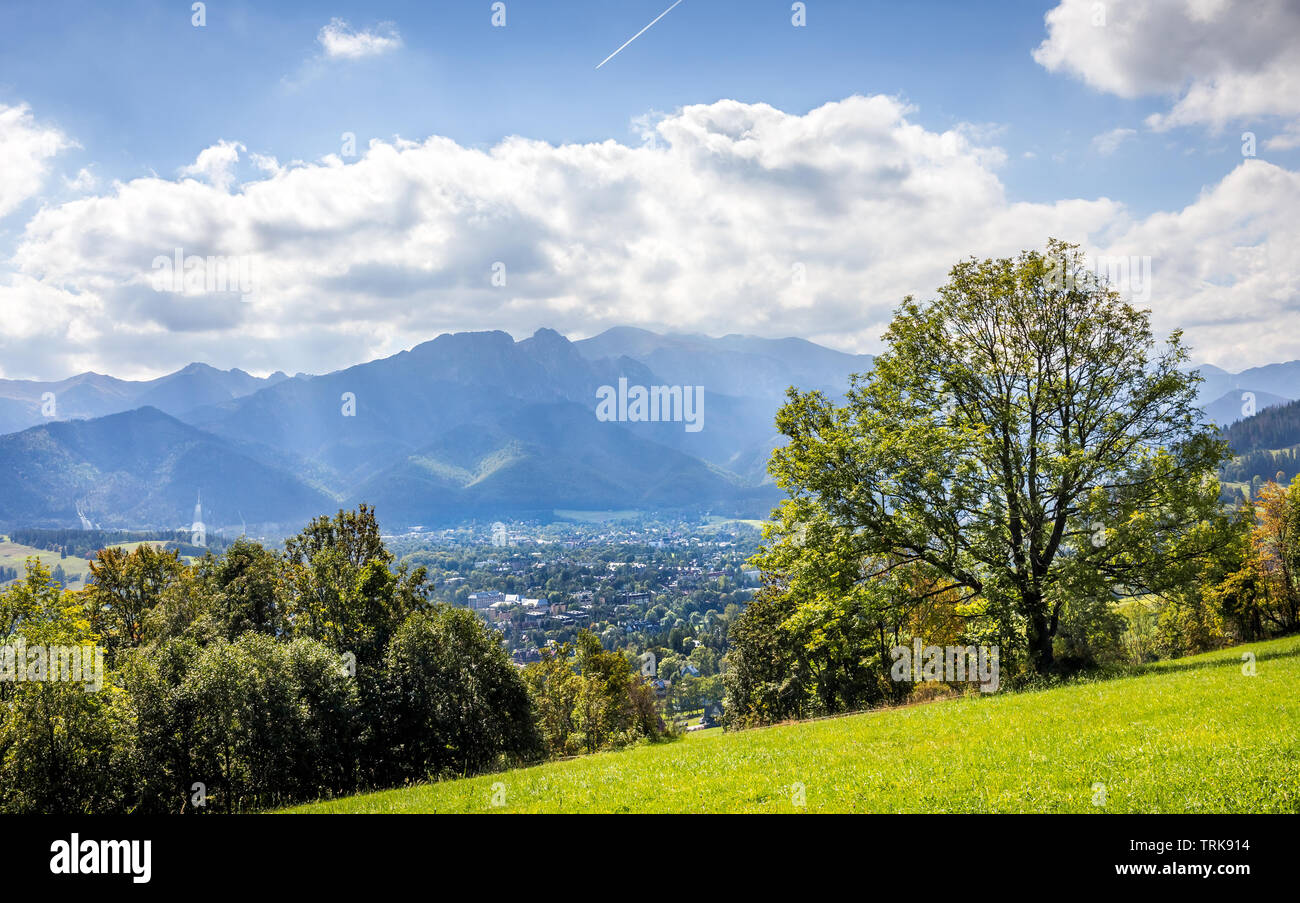 Panorama de verano de Tatra y monte Giewont, alrededores de la ciudad de Zakopane, Polonia meridional Foto de stock