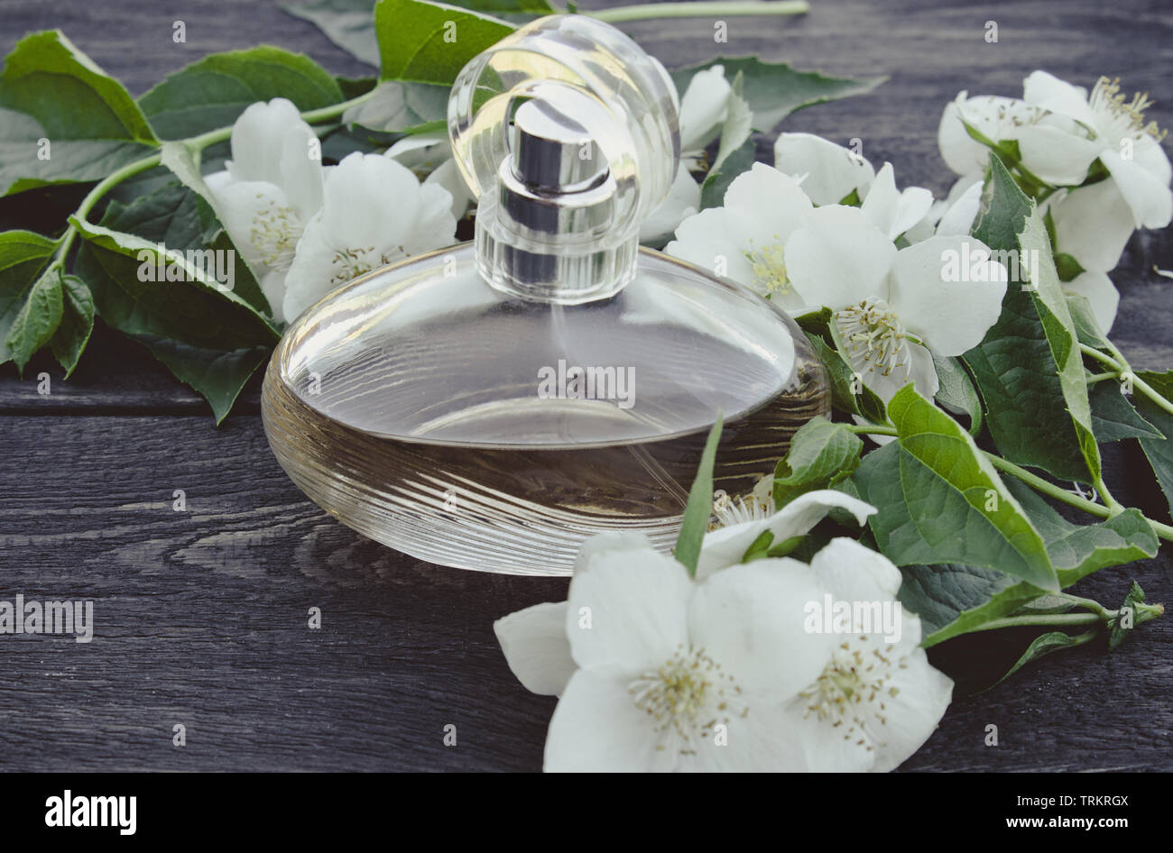Frasco de perfume con flores de jazmín sobre fondo de madera. Perfume de  mujer con olor a jazmín Fotografía de stock - Alamy