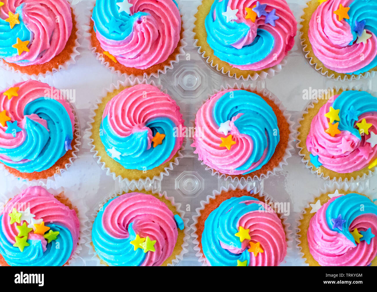 Cupcakes multicolores dispuestos en forma de unicornio fiesta de cumpleaños fiestas temáticas Foto de stock