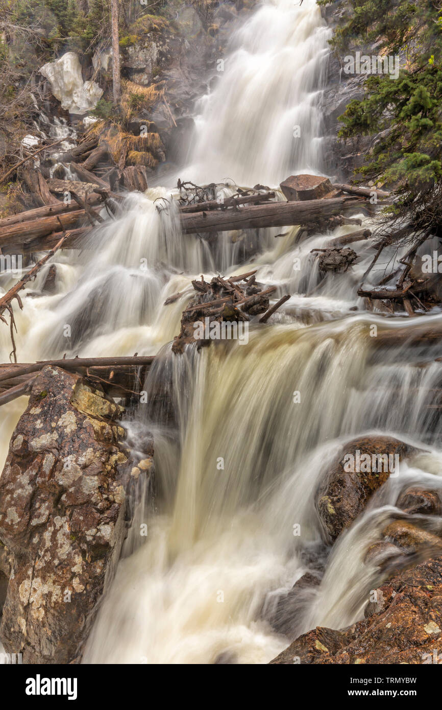 Deshielo de primavera hace Fern cae un batido en torrente Fern Creek, en el Parque Nacional de Rocky Mountain, Colorado Foto de stock