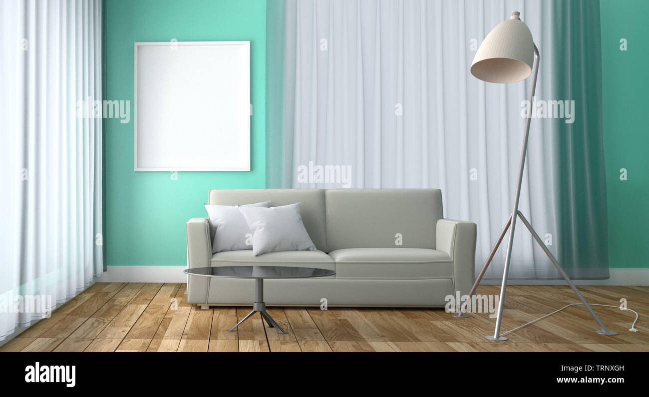 Salón de menta verde menta - Diseño Interior con sofá estilo de lámpara de  mesa y el bastidor, piso de madera en verde menta la pared de fondo. 3D  rendering Fotografía de