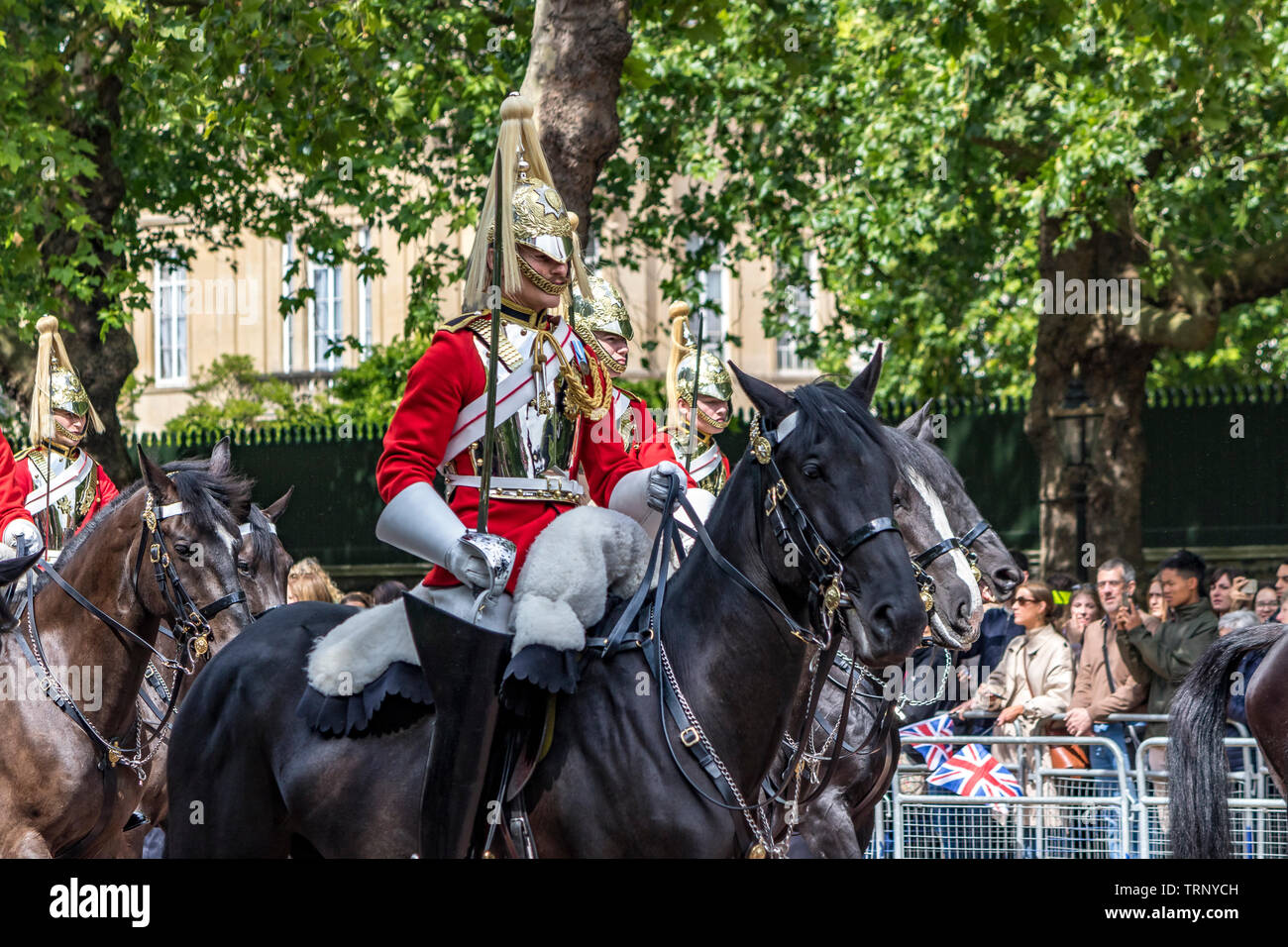 A Life Guard a caballo con uniforme ceremonial a lo largo del centro comercial en la ceremonia de Trooping the Color, Londres, Reino Unido, 2019 Foto de stock