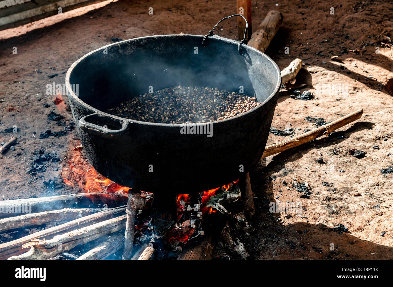 Los granos de café están asadas sobre un fuego de leña en la casa de un agricultor en el Valle de Viñales, Viñales, Cuba, El Caribe Foto de stock