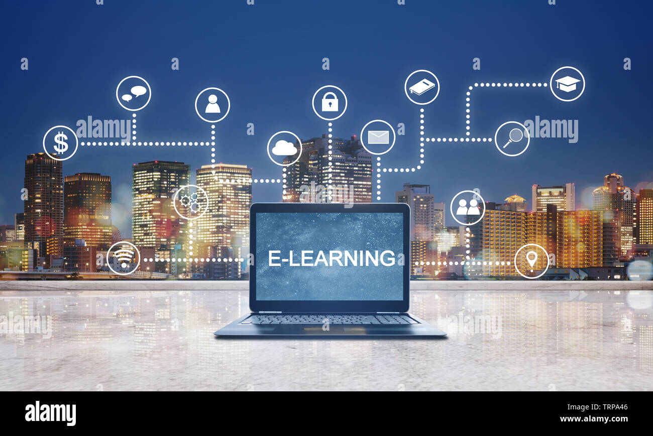 E-learning, la tecnología de la educación en línea. El e-learning en el ordenador portátil con tecnología de interfaz de programación de aplicaciones iconos Foto de stock