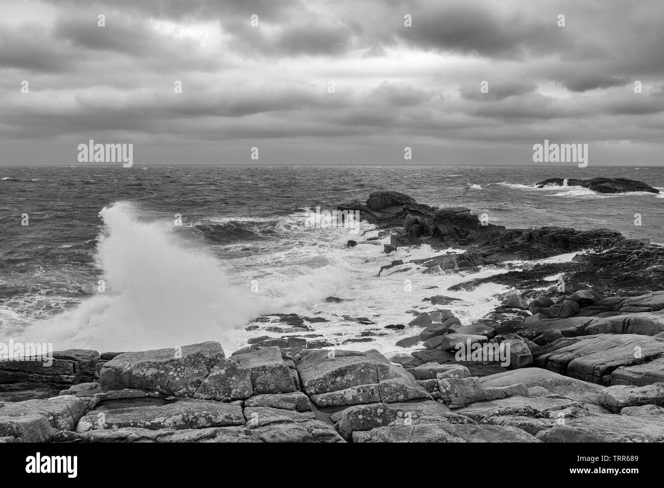 Porth Hellick punto en marea baja y en un fuerte viento onshore, Saint Mary's, Isles of Scilly, UK: versión en blanco y negro Foto de stock