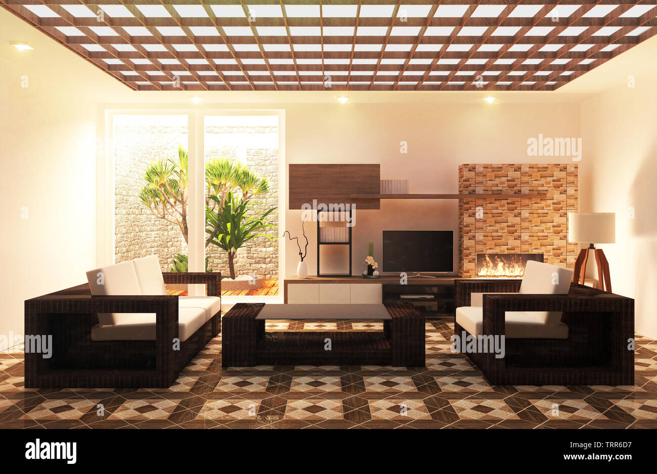 Sala De Tv Piso De Baldosas De Madera En La Pared De Diseno Con