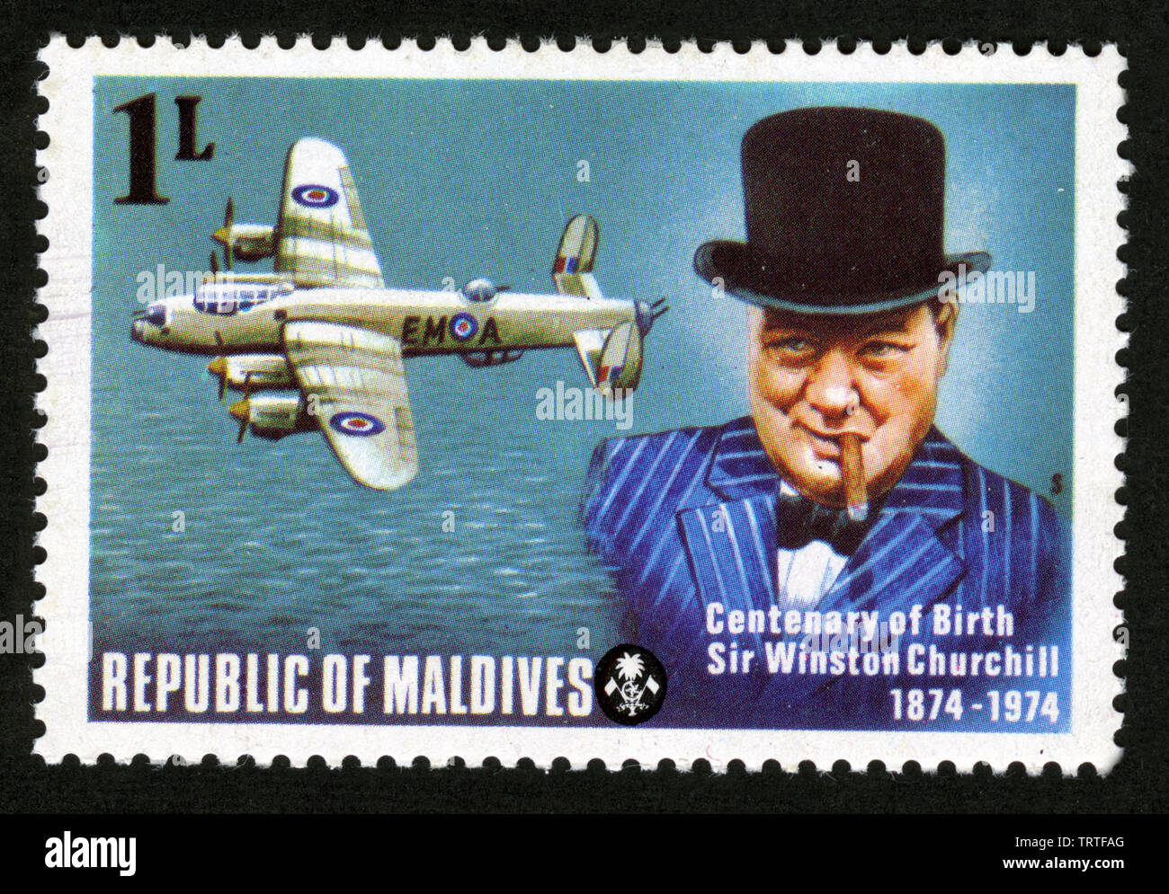 Impresión de sello en la República de Maldivas, Sir Winston Churchill Foto de stock
