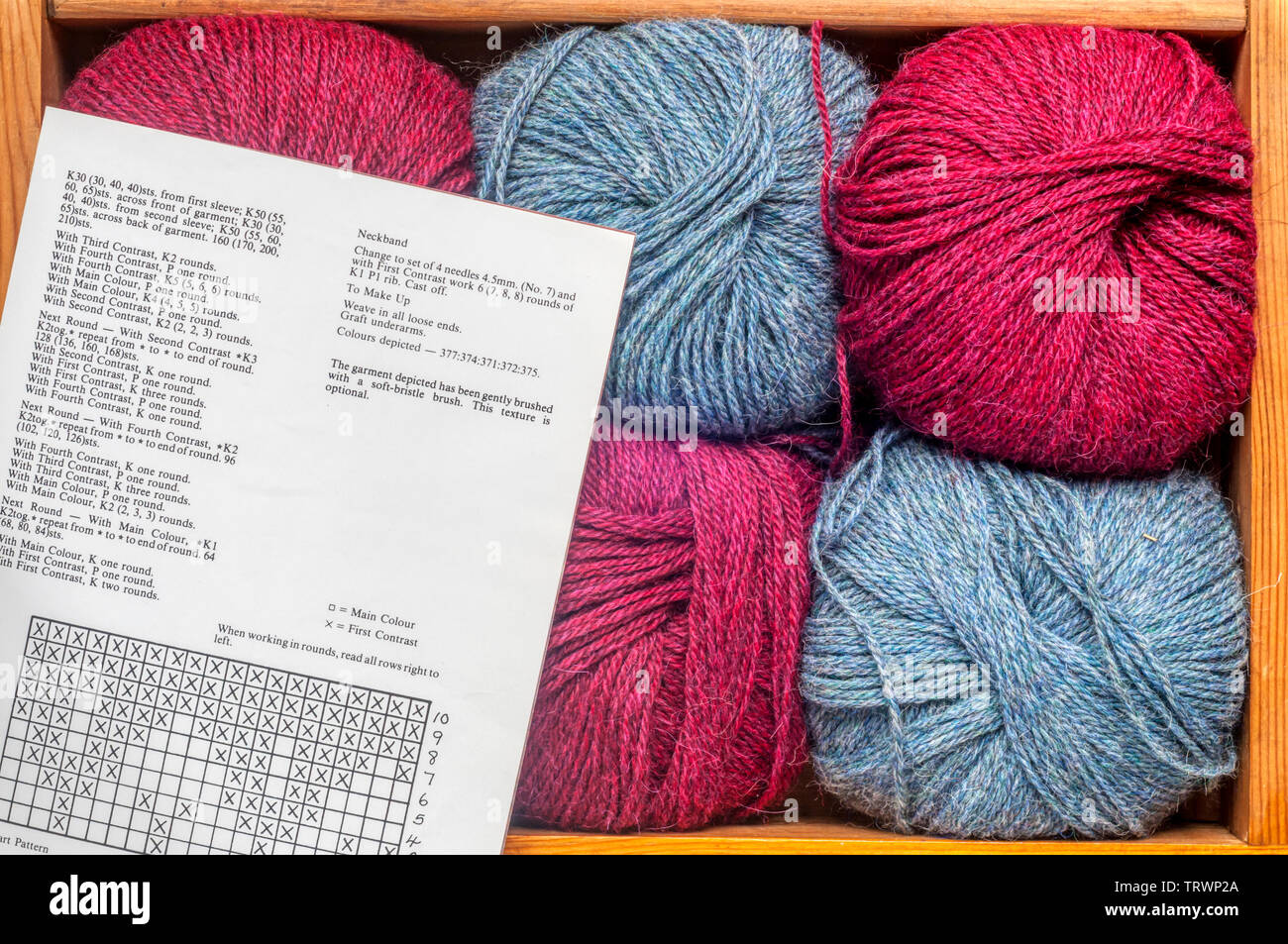Bolas de lana para tejer guardado en un cajón, junto con un patrón de tejer. Foto de stock
