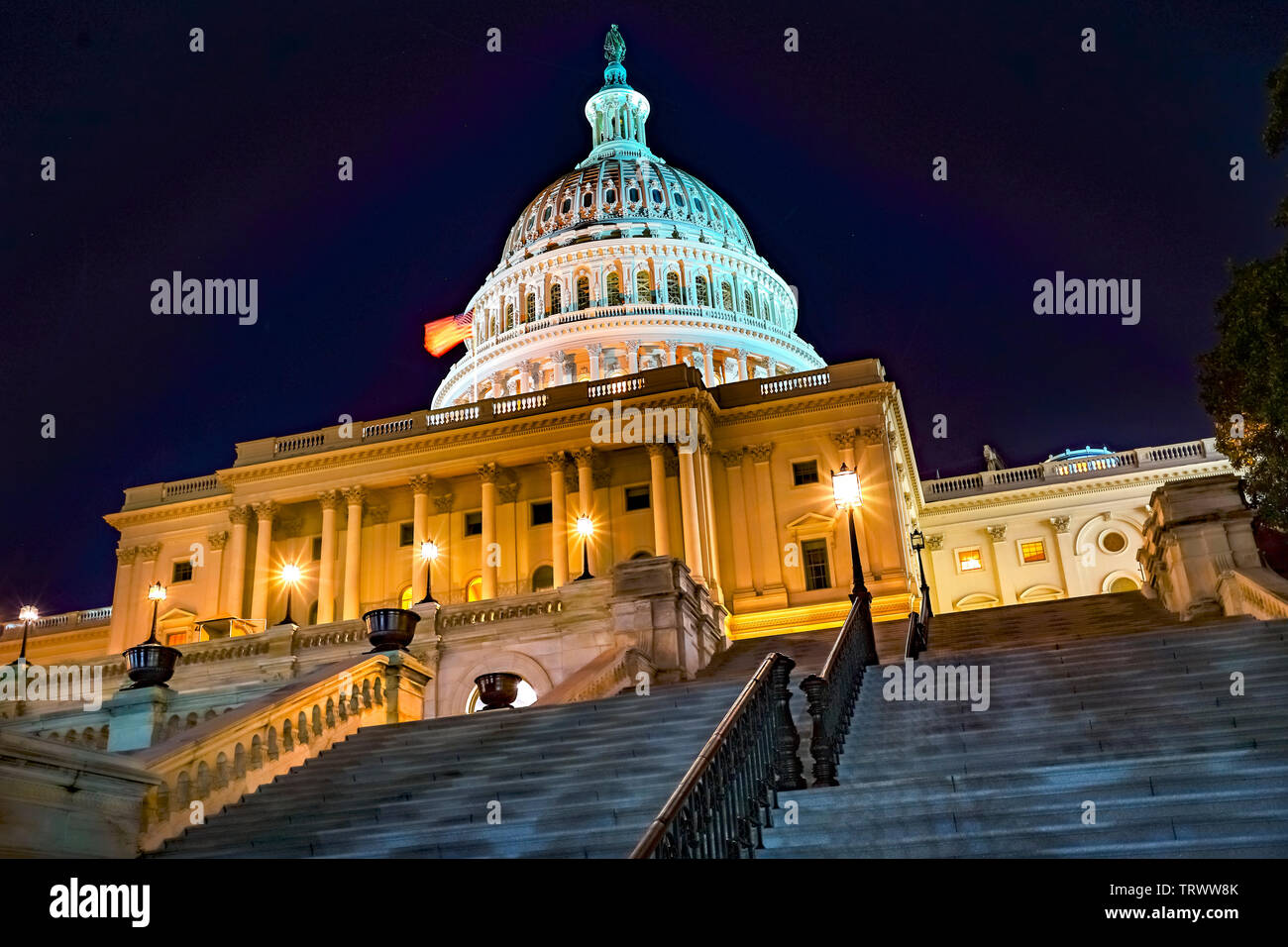 US Capitol Lado Sur noche estrellas Casa del Congreso representantes del Senado de la ciudad capital de Washington DC. Foto de stock