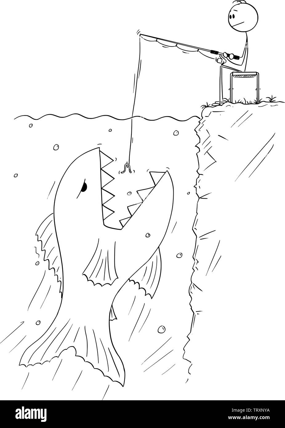 Cartoon vectores stick figura dibujo Ilustración conceptual del hombre sentado tranquilamente cerca del agua, y la pesca deportiva o de pesca mientras gigante y peligroso es flotante de pescado para comer el cebo. Ilustración del Vector