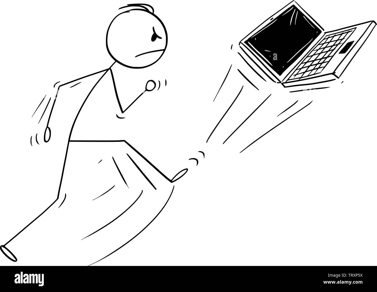 Cartoon vectores stick figura dibujo Ilustración conceptual del hombre enojado expulsando a la computadora portátil o laptop o portátil. Concepto de tecnología rota. Ilustración del Vector