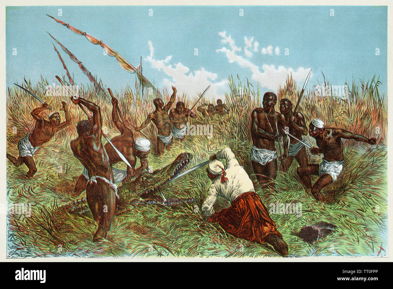 Una expedición dirigida por Henry Stanley luchando contra un cocodrilo en África, 1800. Litografía de color Foto de stock