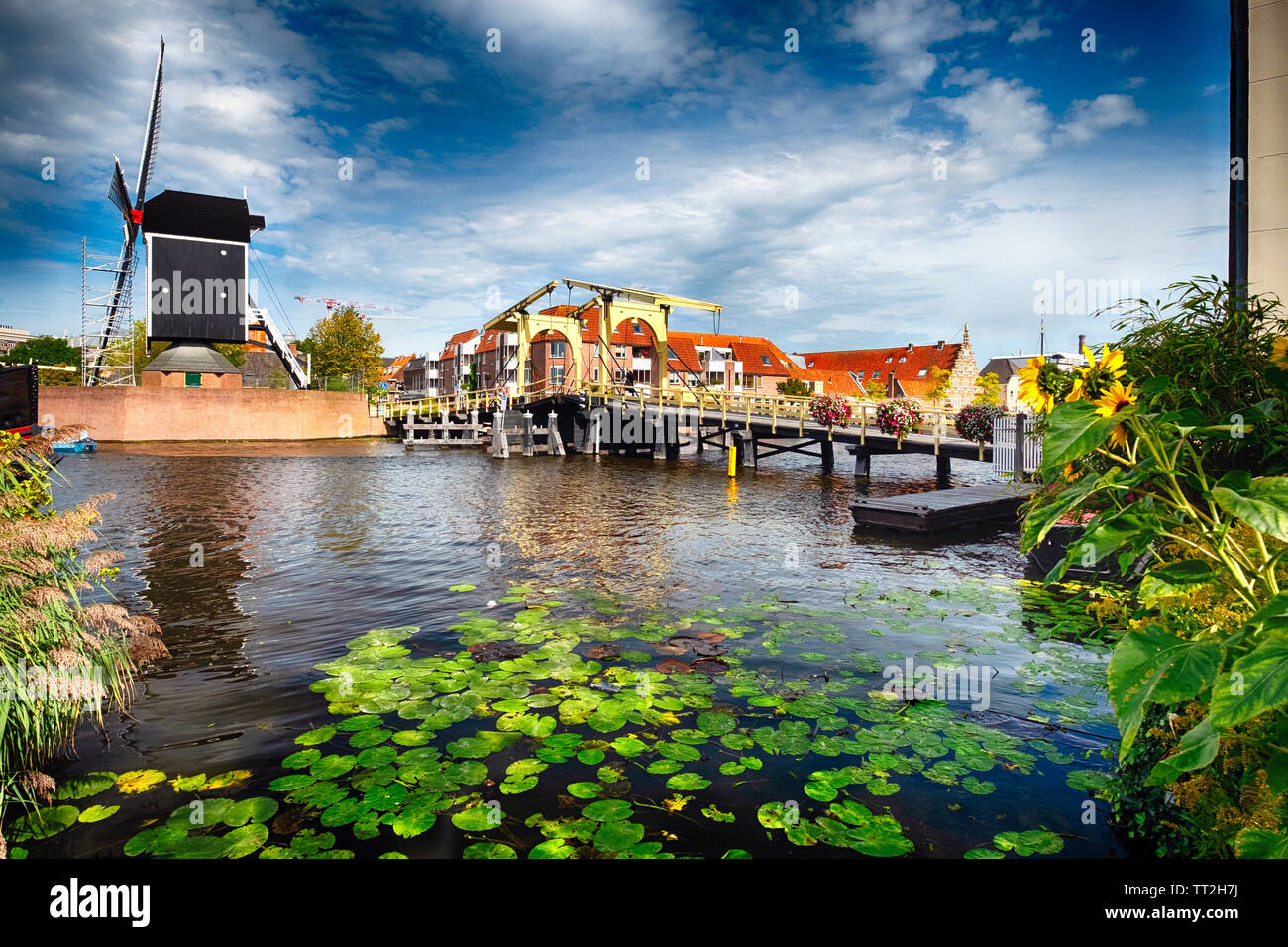 Ángulo de visión baja de un canal con un pequeño puente y molino, Leiden, Holanda Meridional, Países Bajos Foto de stock