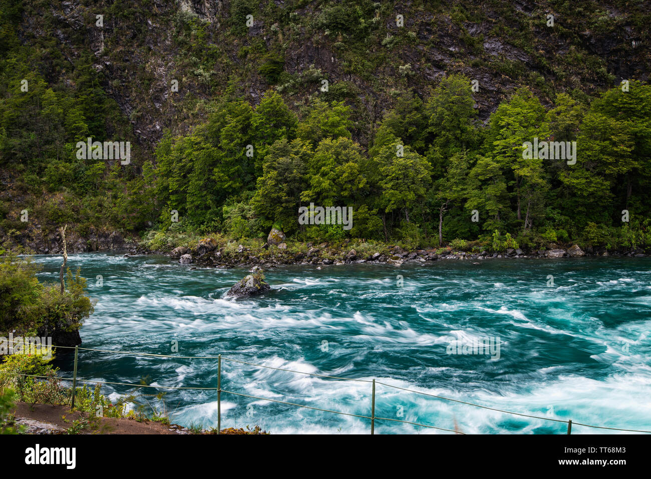 Las aguas turquesas del río Petrohue en la región patagónica de la Cordillera de Los Andes, en Chile; en su origen son los Saltos de Petrohué. Foto de stock