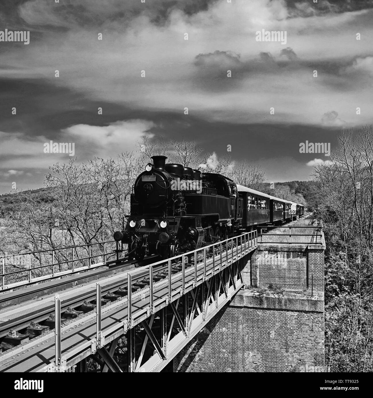 Hermoso y antiguo tren de vapor conduciendo a lo largo de un puente en el campo. Concepto para viajes, transporte y retro de estilo antiguo. Foto Antigua en blanco y negro Foto de stock