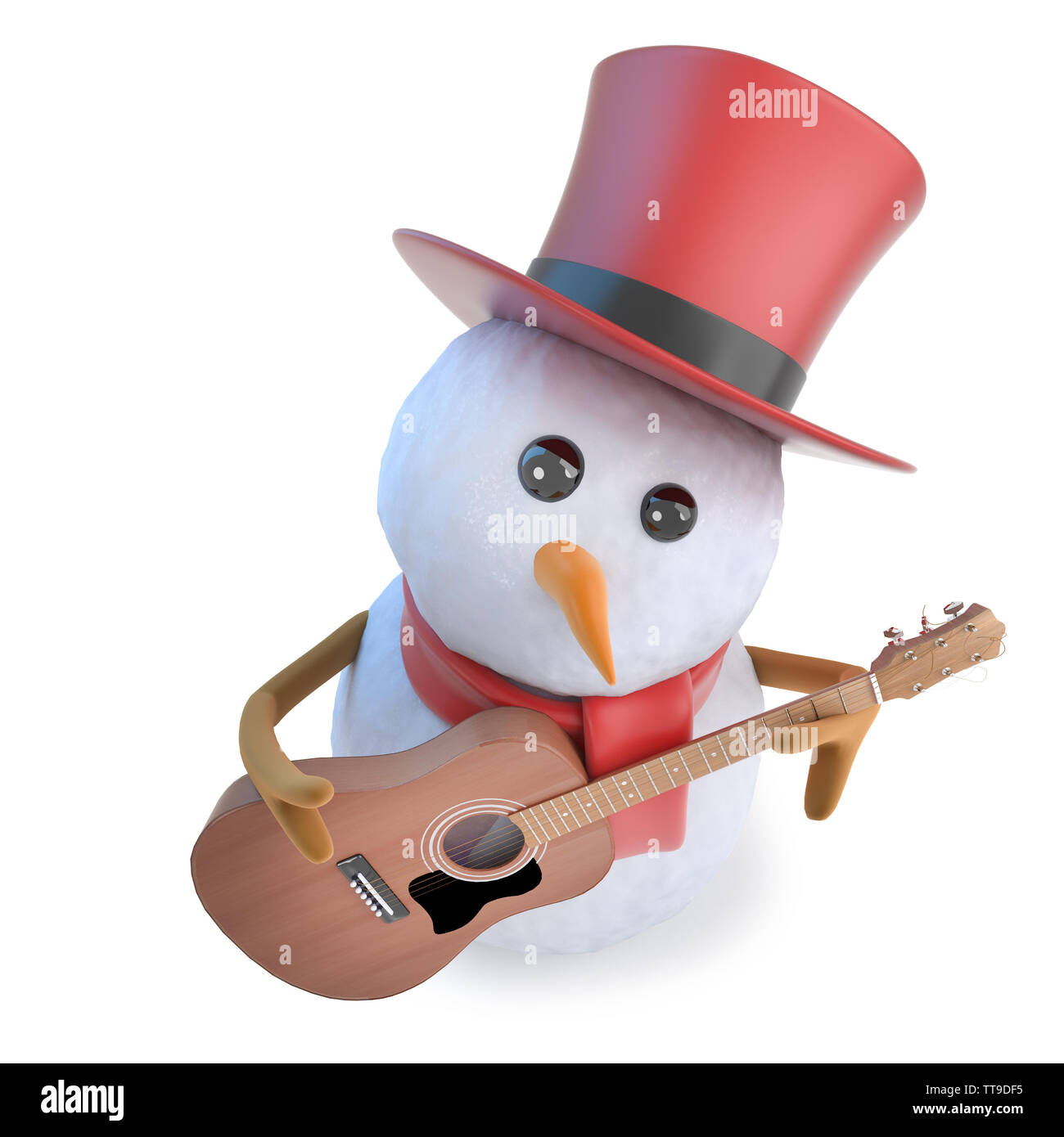 3D Render de una divertida caricatura snowman vistiendo un sombrero de copa y tocando una guitarra acústica Foto de stock