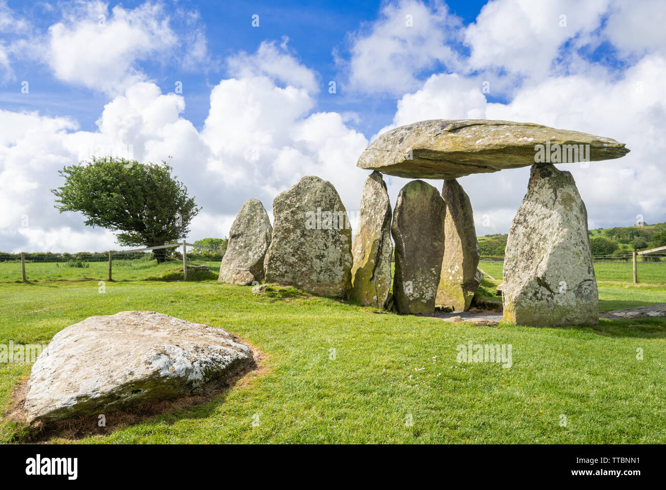 Pentre Ifan cámara mortuoria o dolmen Neolítico (una gran piedra plana en la parte superior de varias piedras verticales) en Pembrokeshire (Gales, Reino Unido Foto de stock