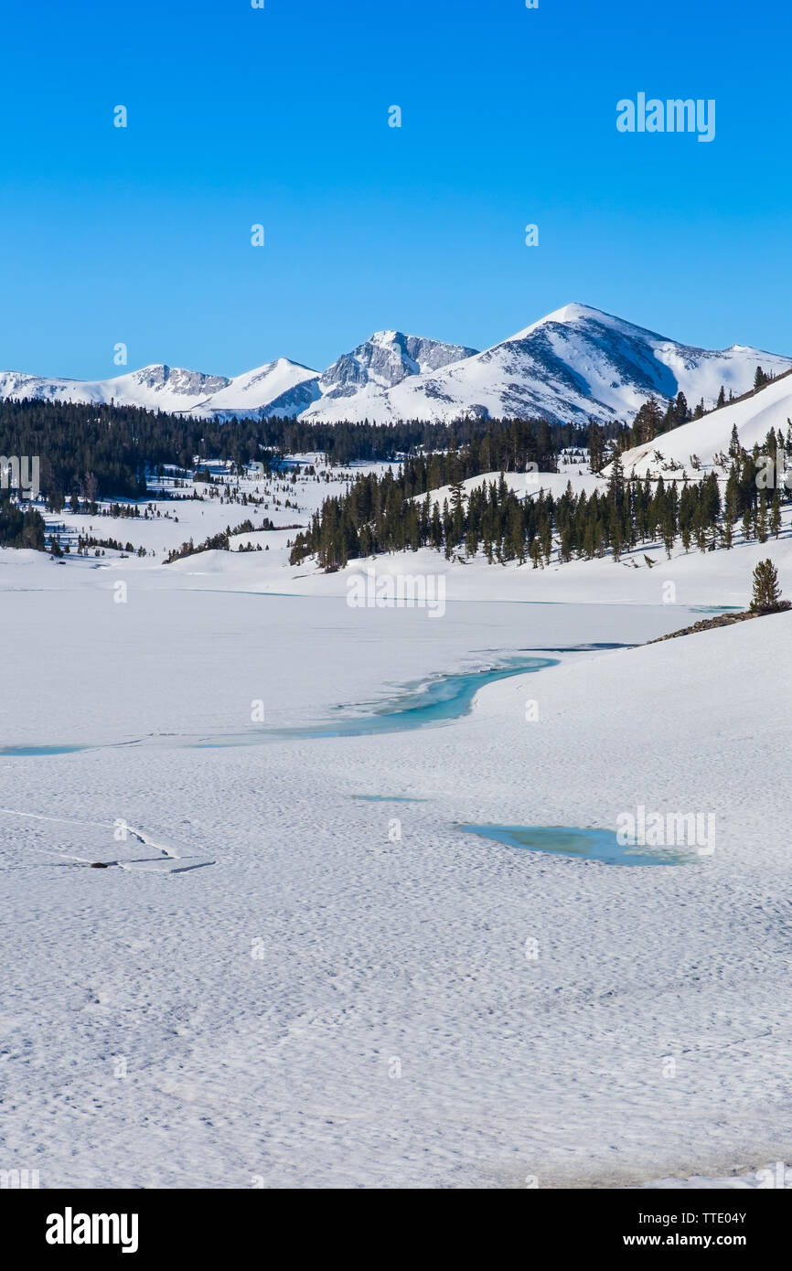 El Tioga lago congelado en la autopista 120 (el Tioga Pass ) en la parte oriental de Sierra Nevada de California, EE.UU. De junio de 2019. Foto de stock