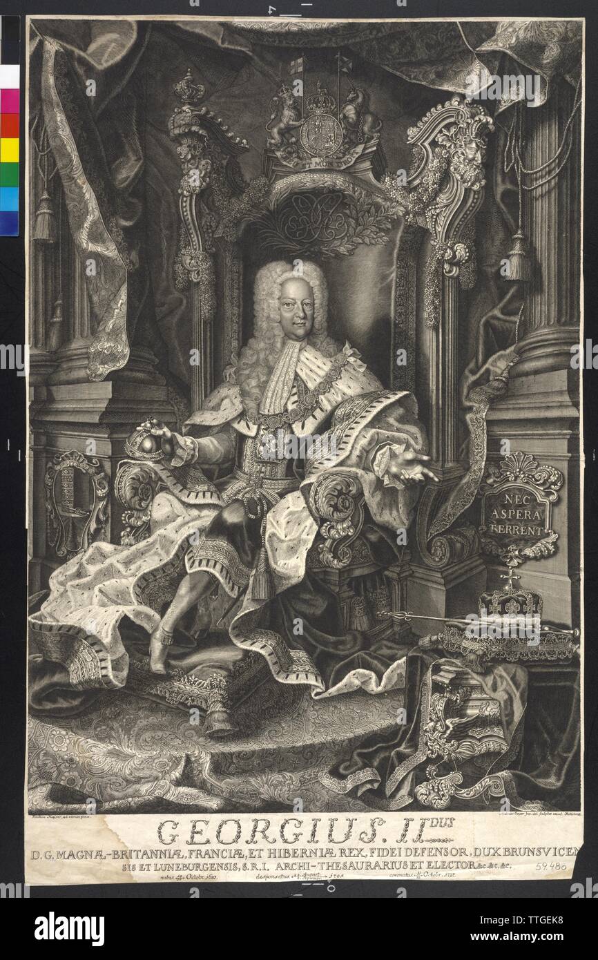 Jorge II, Rey de Inglaterra, elector de Hannover, ad vivum pintura por Joachim Kayser, representado en un grabado en cobre por Andreas Geyer basado sobre el propio dibujo, Additional-Rights-Clearance-Info-Not-Available Foto de stock