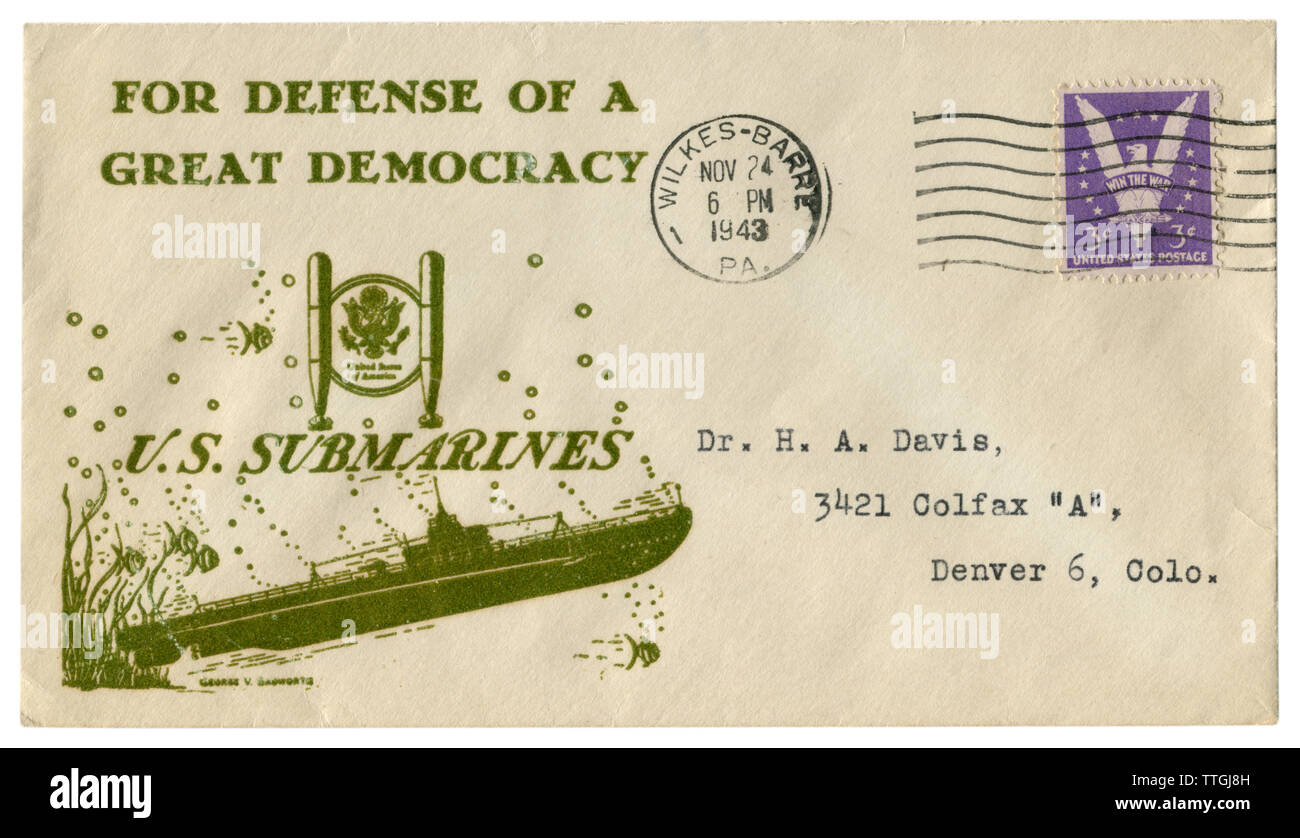 Wilkes-Barre, Pennsylvania, EE.UU. - 24 de noviembre de 1943: Nosotros histórico: cubierta envolvente con cachet por la defensa de una gran democracia submarinos de EE.UU. Foto de stock