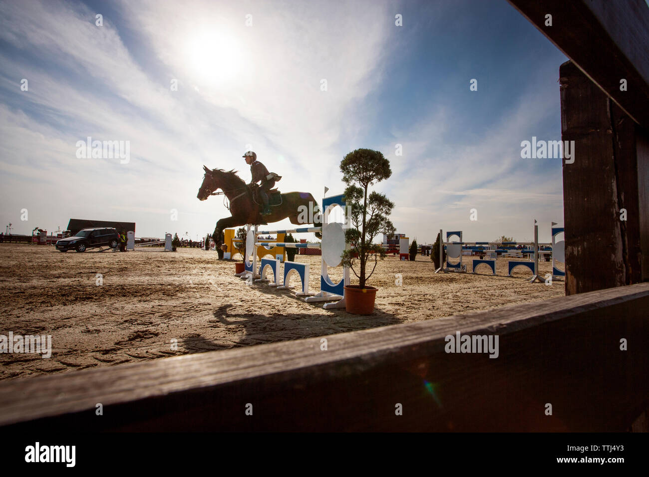 Vista lateral del hombre a caballo sobre obstáculo contra el cielo Foto de stock