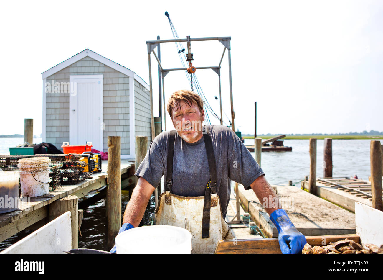 Retrato de hombre de pie contra el cielo en la industria pesquera Foto de stock