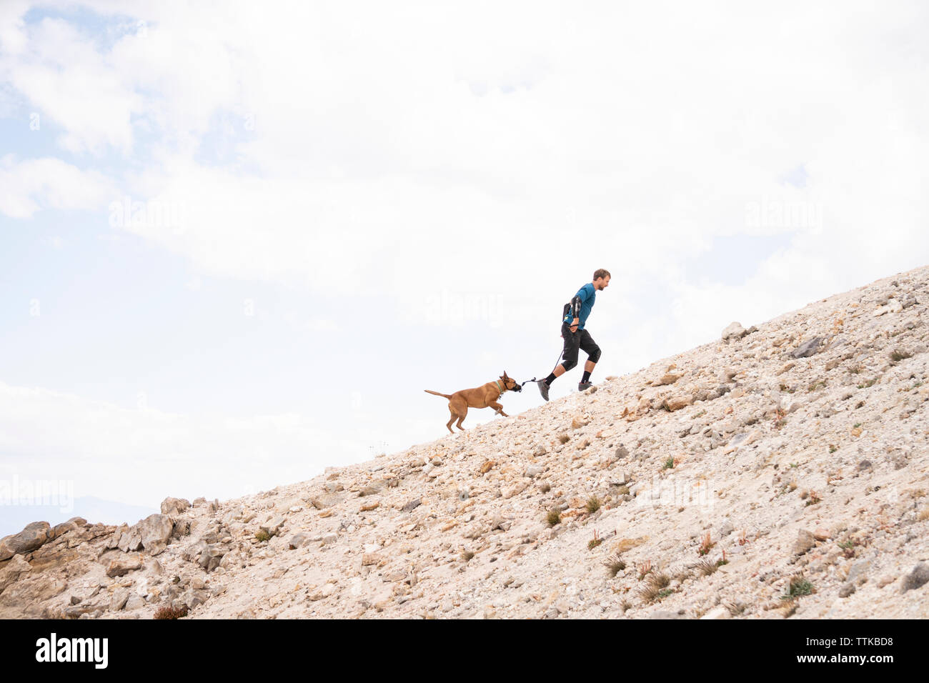 El hombre con el perro corriendo en la montaña contra el cielo nublado Foto de stock
