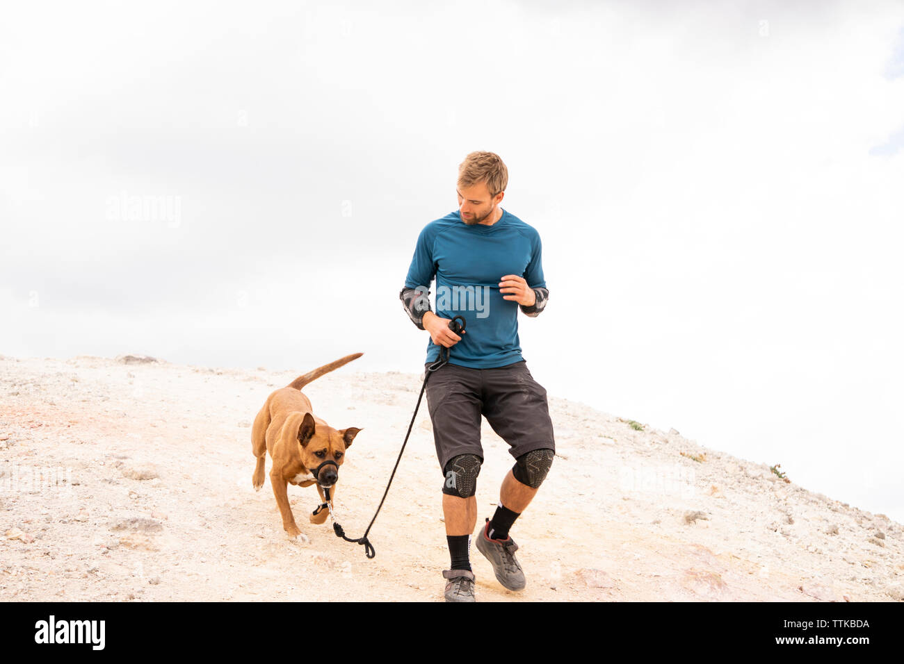 El hombre con el perro caminando en la montaña contra el cielo nublado Foto de stock