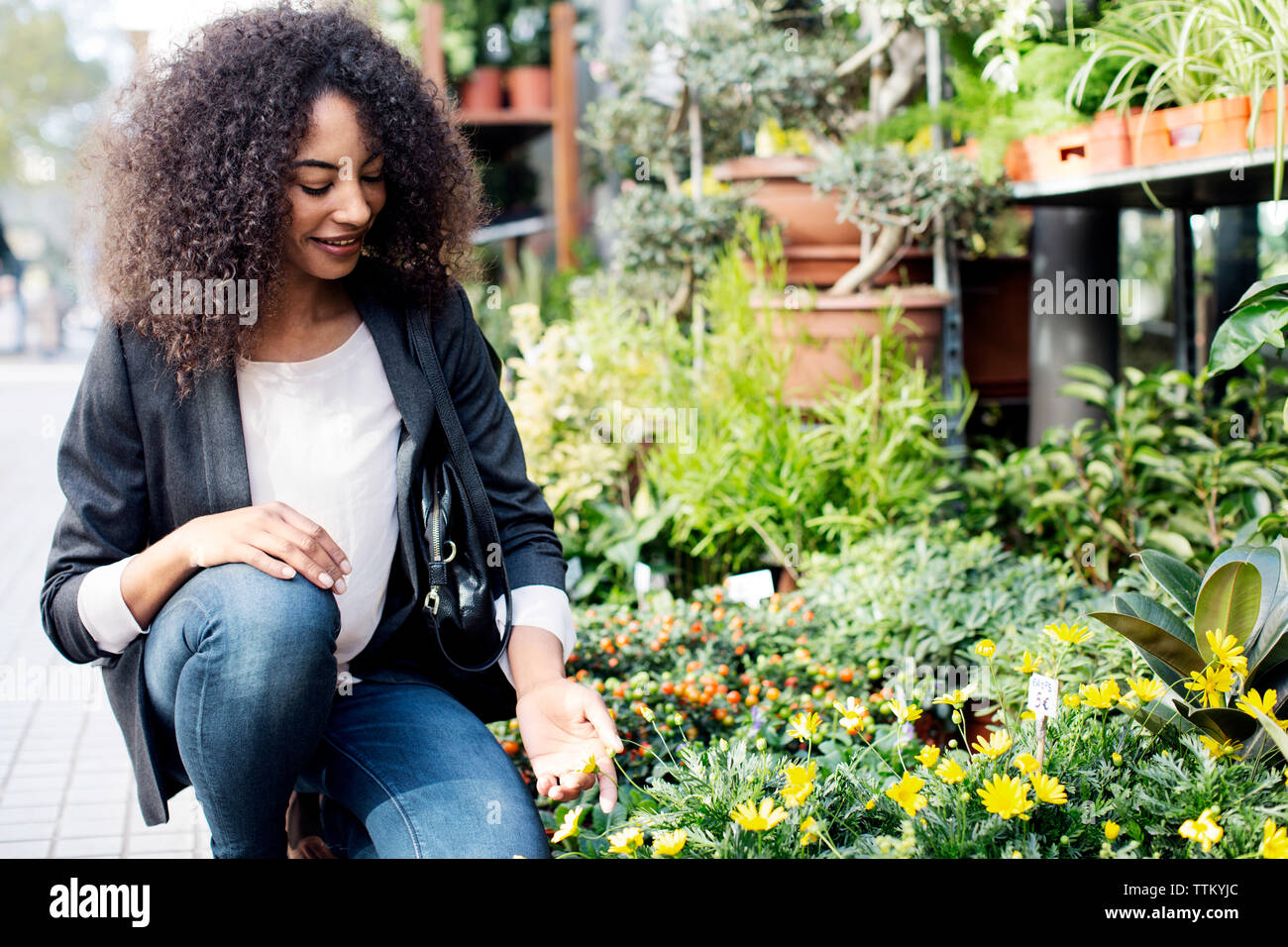 Mujer examinar plantas en macetas en el puesto en el mercado Foto de stock