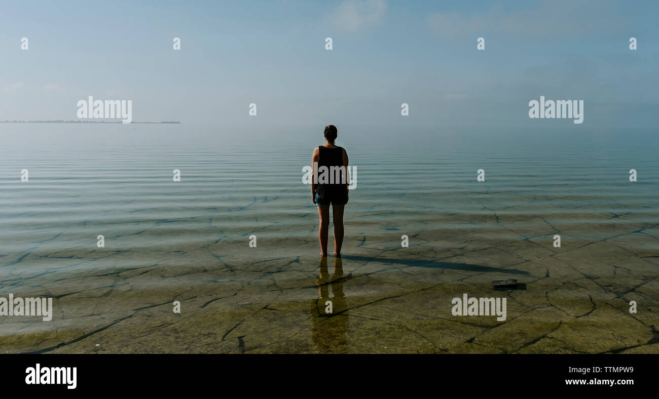 Vista trasera de una mujer mirando el mar mientras está de pie contra el cielo Foto de stock