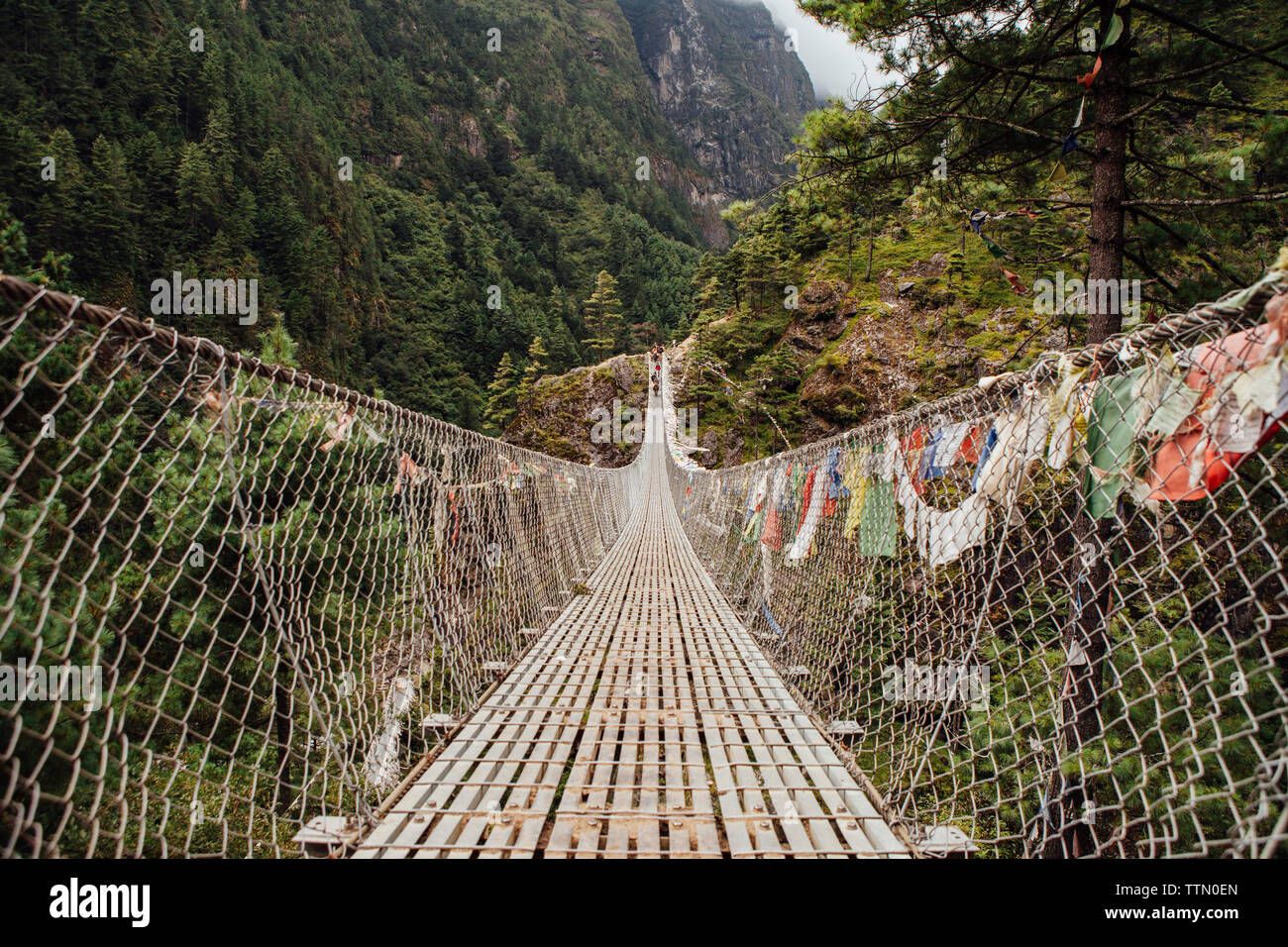 Disminución de perspectiva de la pasarela en medio de las montañas, en el Parque Nacional de Sagarmatha Foto de stock