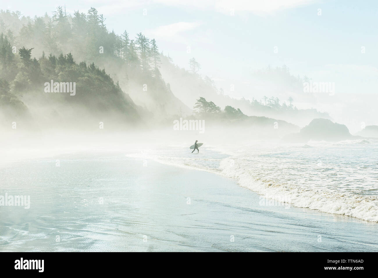 Hombre con tablas de surf caminando hacia el mar por la montaña durante la niebla Foto de stock
