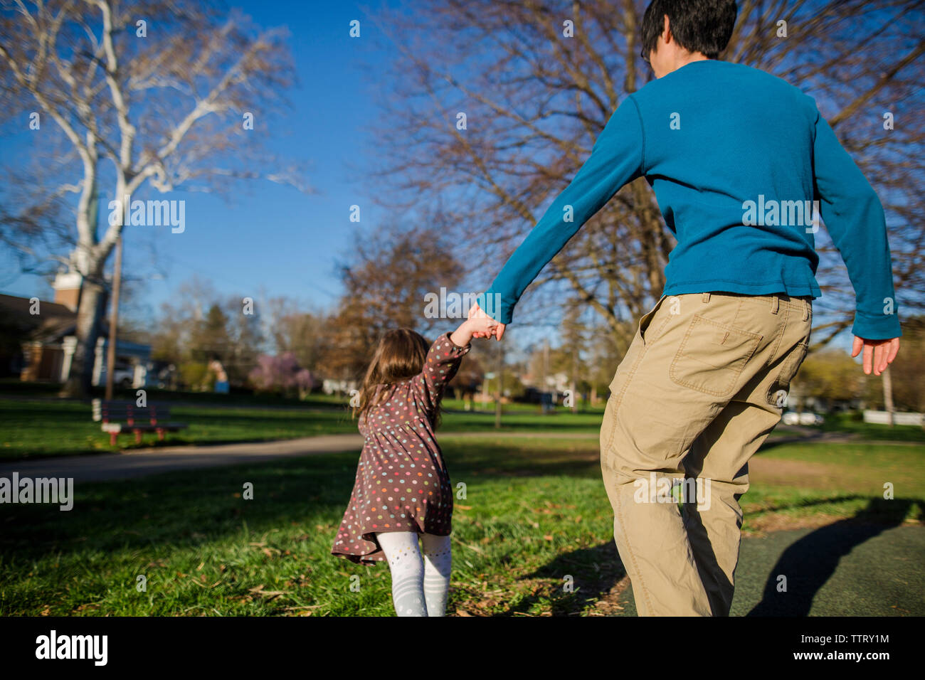 Vista trasera de la hija de padre tirando manteniendo sus manos en el parque Foto de stock