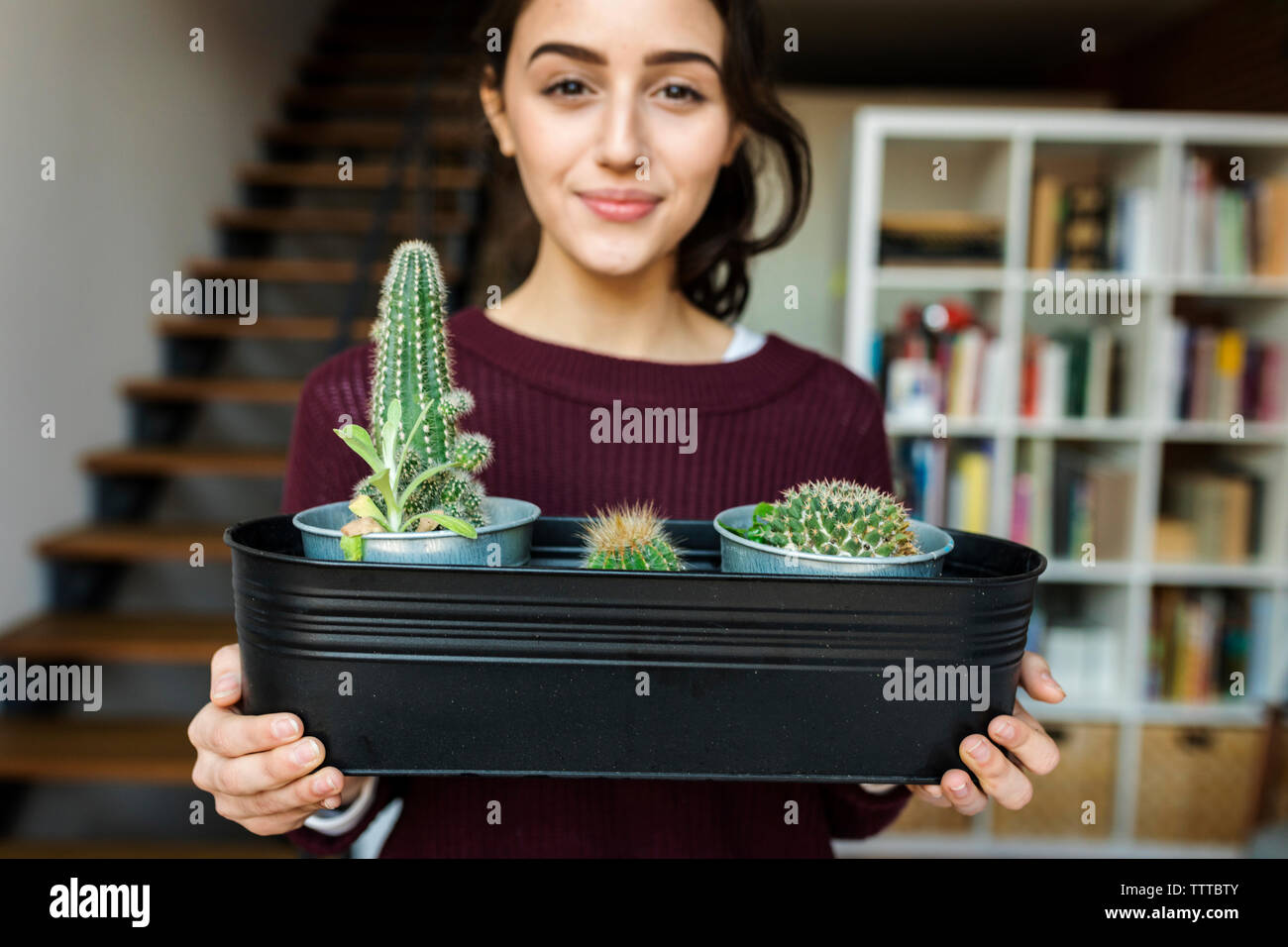 Retrato de una mujer morena sosteniendo la bandeja de cactus Foto de stock