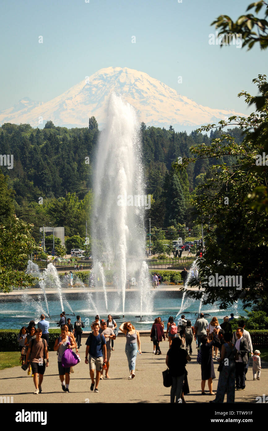 Multitudes de graduación cerca de Drumheller Fountain, el campus de la Universidad de Washington, Seattle Foto de stock