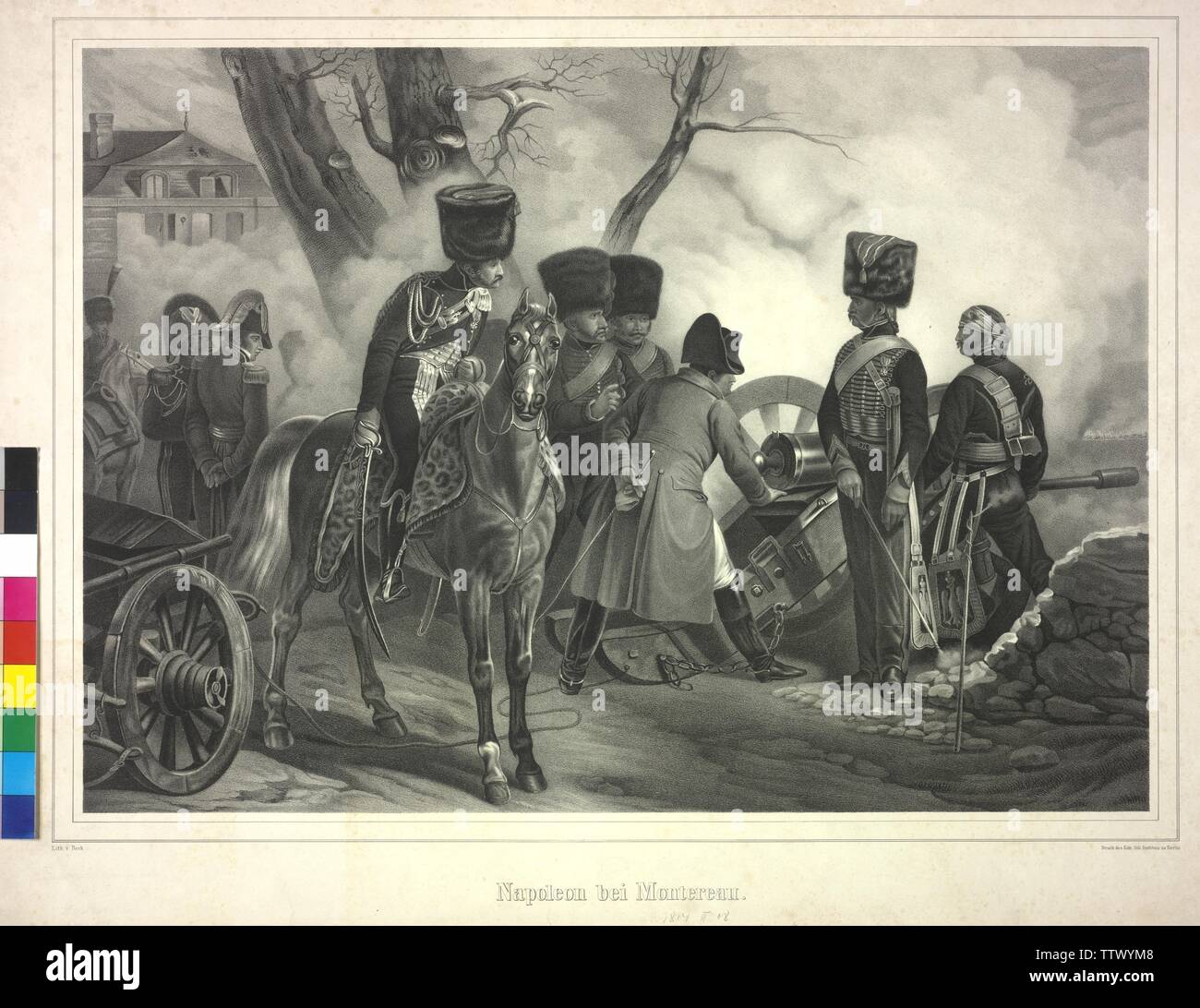 Napoleón en Montereau, 18.2.1814: Napoleón I Bonaparte, emperador de los franceses en la batalla de Montereau en una pistola, litografía en agosto? Beck, Additional-Rights-Clearance-Info-Not-Available Foto de stock