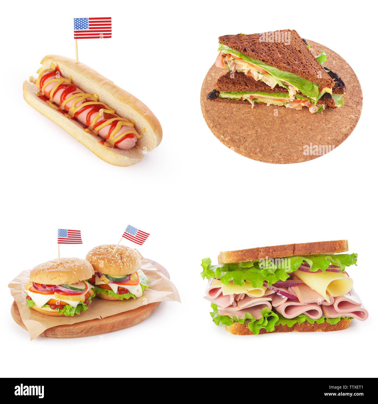 Basura collage de comida rápida de hamburguesas, sándwiches y perritos