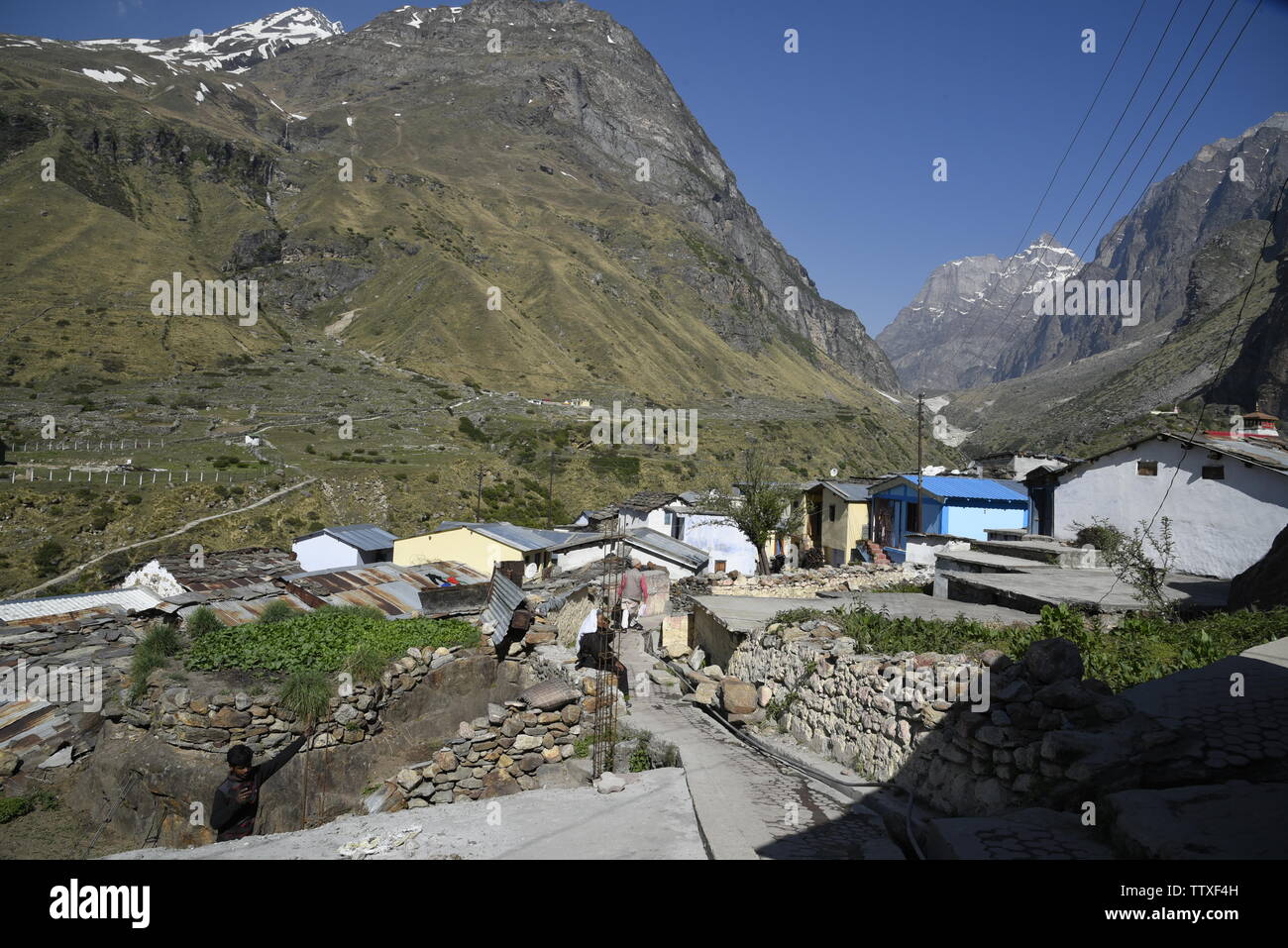 India la última aldea aldea de maná 2019 en el Tíbet, cerca de la Frontera , Badrniath Chamoli, Rudrapryag, India, Asia Foto de stock