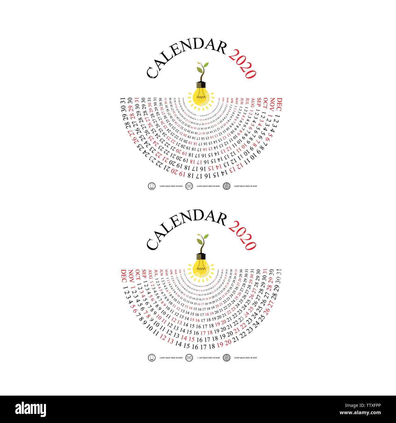 Plantilla de Calendario 2020 con idea de icono de bombilla.Semicírculo