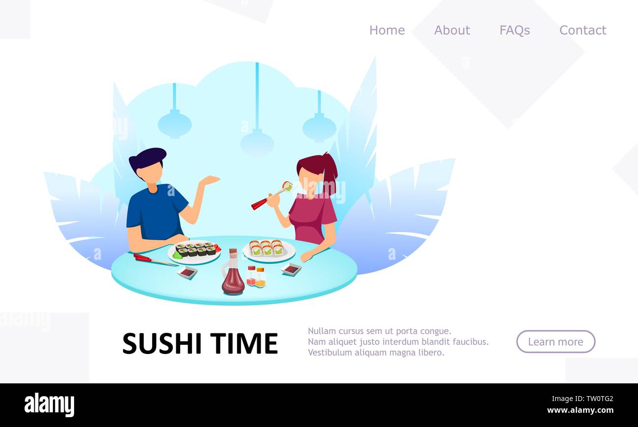 Tiempo de sushi. Pareja en la cafetería comiendo rollos. Concepto de página de aterrizaje. Utilizable para website, página principal, ilustración vectorial. Ilustración del Vector